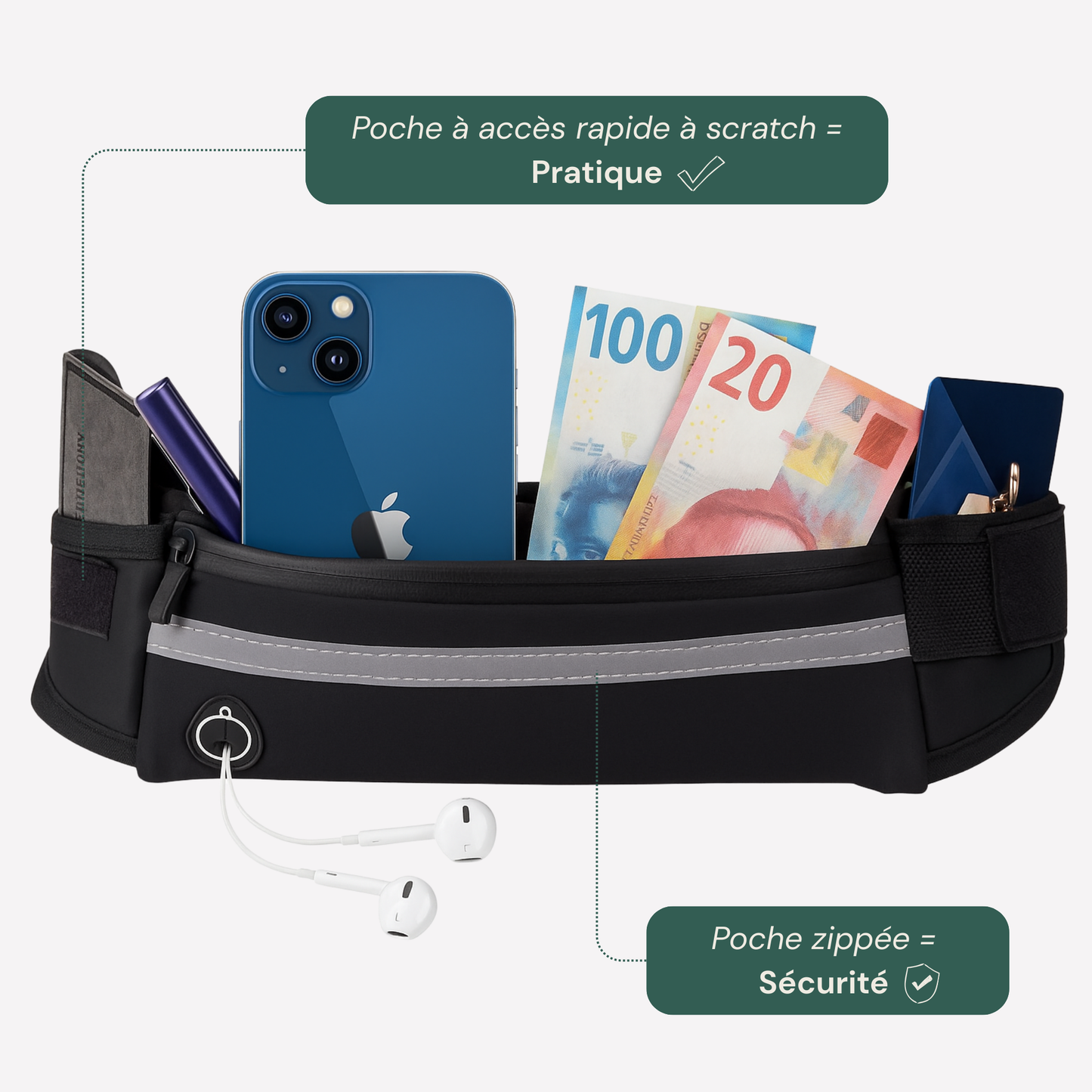 Laisse mains libres pour chien avec ceinture et pochette réfléchissante