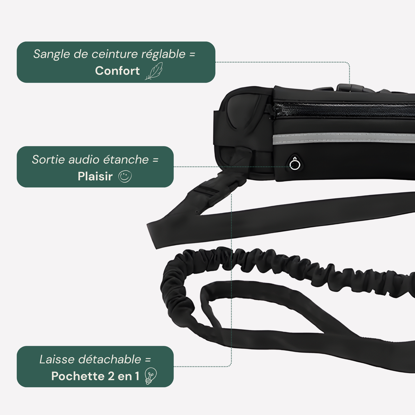 Laisse mains libres avec ceinture et pochette réfléchissante