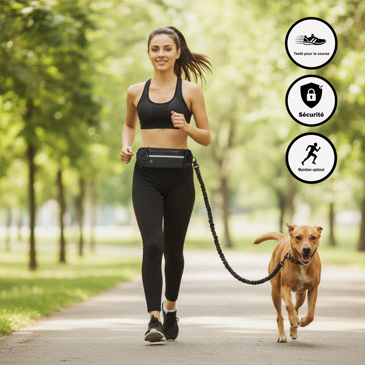 Laisse mains libres pour chien avec ceinture et pochette réfléchissante