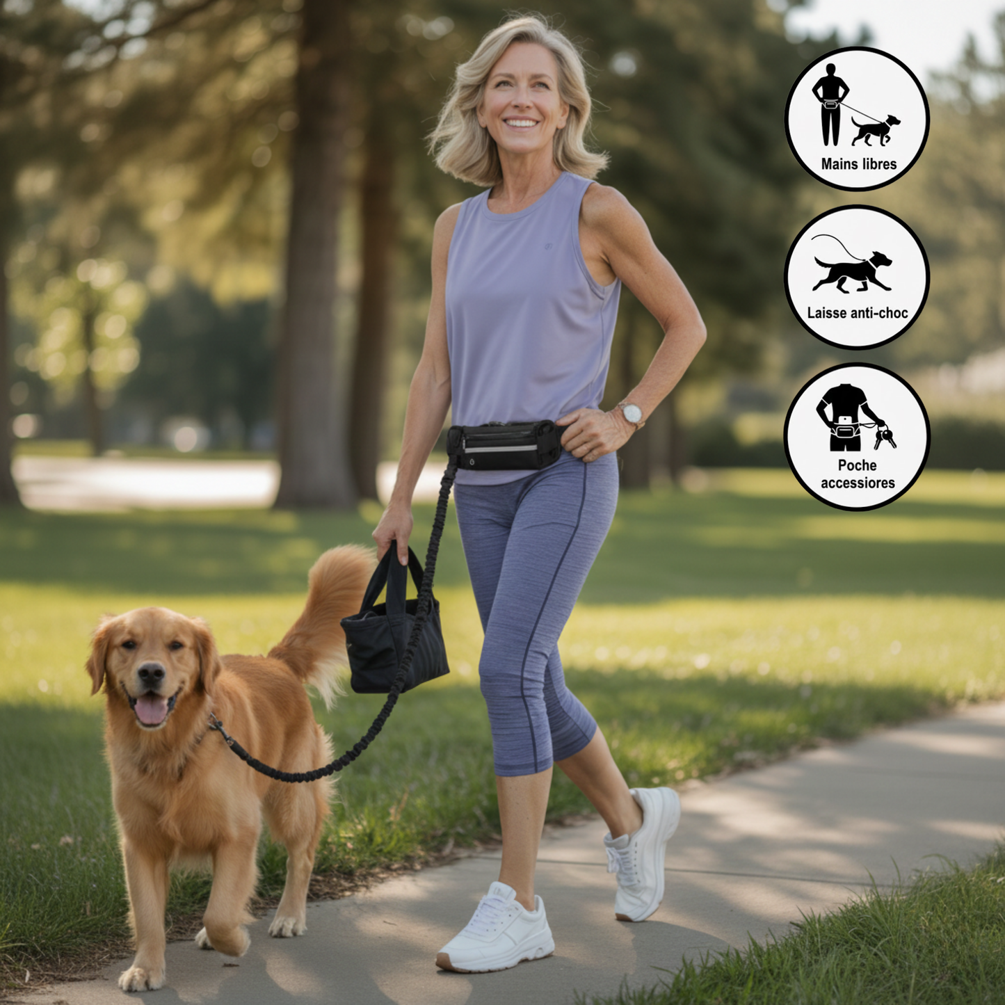 Laisse mains libres pour chien avec ceinture et pochette réfléchissante