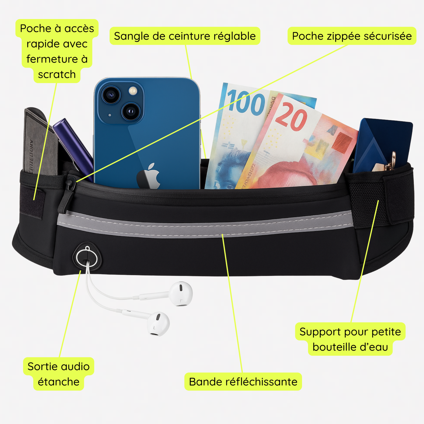 Laisse mains libres pour chien avec ceinture et pochette réfléchissante