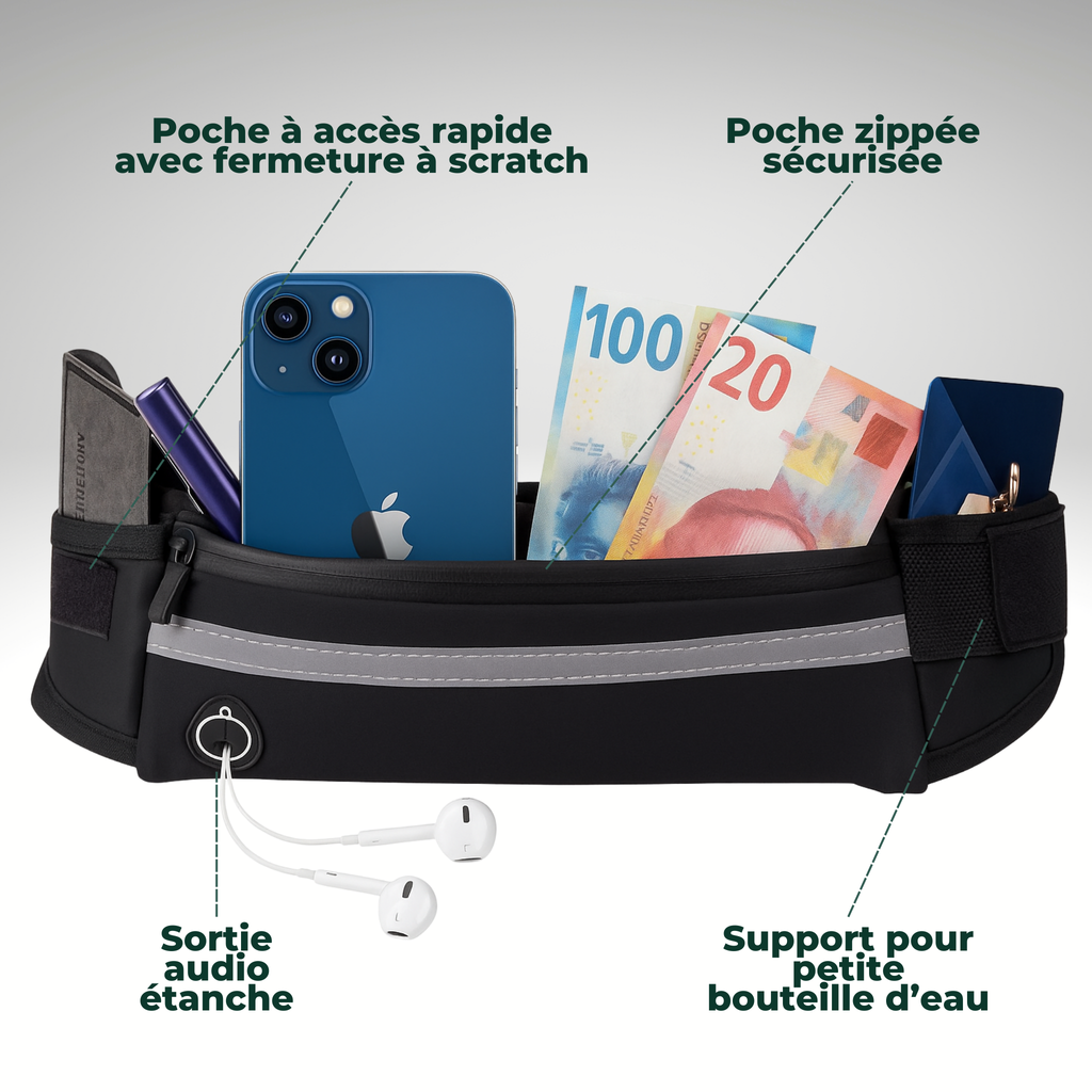 Laisse mains libres avec ceinture et pochette réfléchissante