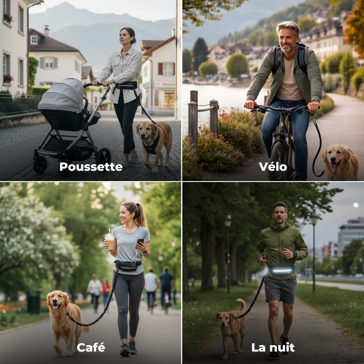 Laisse mains libres avec ceinture et pochette réfléchissante